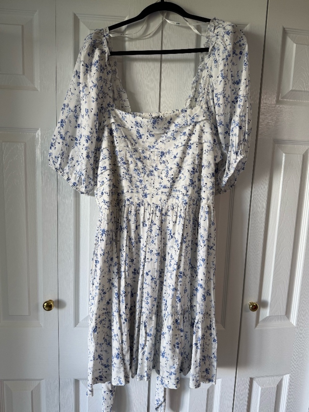 Arula Blue White Floral Cottagecore Dress Puff Sleeve Tie Front 2X NWT